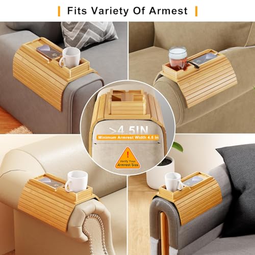 image for Bestjing Bamboo Sofa Armrest Tray - Couch Arm Tray with Detachable Cou