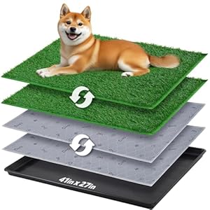 Dog Grass Pad with Tray – 41”x27” Portable Dog Litter Box with 2 Pack Hemmed Edge Artificial Grass + 2 Washable Reusable Pee Pads, Indoor Outdoor Fake Grass Pad for Dogs Potty