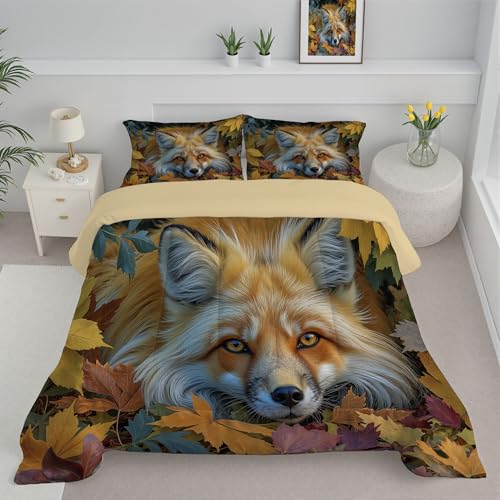 JEDTAKCT Edredón Nórdico Zorro Salvaje Estampado Cama 105, Edredón De Animales con Hojas De Otoño Reversible Transpirable Tacto Pluma, 200X200Cm, Acolchado Suave para Otoño Invierno, Bronceado