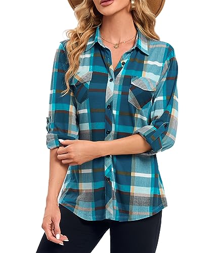 Timuspo Damen Weich Stretchy Plaid Shirts Roll Up Langarm Collared Button Down Blusen Türkis/XL