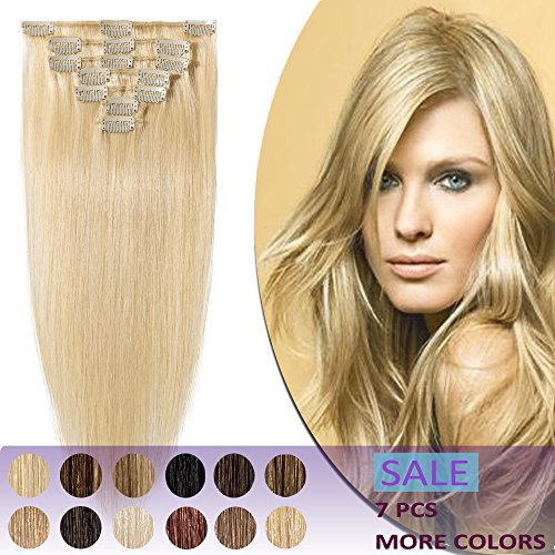Human Hair Clip in Extensions Remy 15 18 20 22 Inch 7pcs Clips on Remi Hair Extensions Strong Machine Weft 65g-75g Silky Straight for Women Fashion Beauty (20" #613 Bleach Blonde)