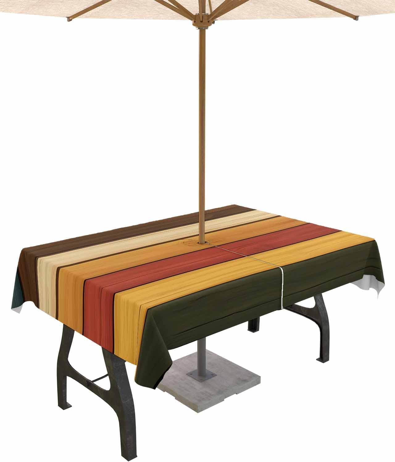 Retro Wood Grain Outdoor Tablecloth with Umbrella Hole and Zipper 60 x 84 Inch Orange Yellow Blue Striped Table Cover for Rectangular Table Waterproof Tabletop Collection for Patio Garden Farmhouse