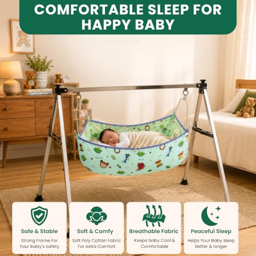 Image of Baby Cradle for New Born with Stand | Semi Foldable Jhula Palna Ghodiyu for 0-3 Years | Portable Baby Swing Cradle with Mosquito Net & Storage Bag for Home & Travel Use
