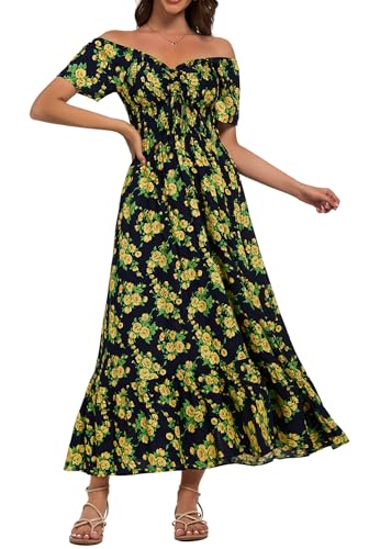 Image of Summer Smocked Boho Maxi Dress for Women 2026 Short Sleeve Floral Smocked Flowy Ruffled Beach Vacation Dresses Lightweight