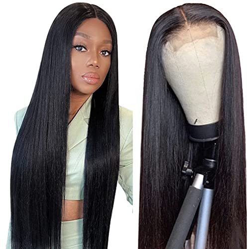 Straight Lace Front Human Hair Wigs 150% Density 4x4 Closure Lace Front Wigs Human Hair for Black Women Pre Plucked with Baby Hair Natural Color (30 Inch)