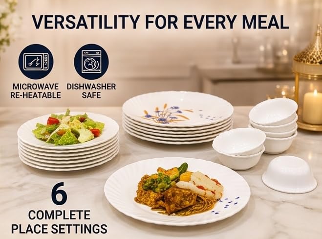 Image of Melamine Dinner Set 18 Pieces, White with Blue & Yellow Floral Design, 6 Full Plates 6 Half Plates 6 Bowls, Lightweight Tableware Set for Home & Dining, Pack of 1