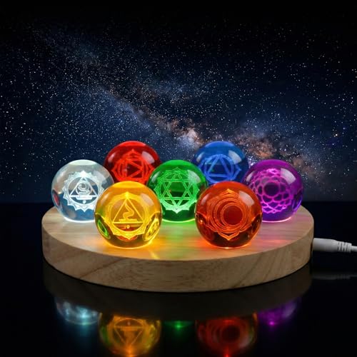 Hivexagon 7 40mm Chakra Crystal Ball Equipped with Rectangle Wooden Base Come with Dimmer and Timer Function for Meditation Feng Shui Divination Night Light Decorative Gift (16x16x2cm)