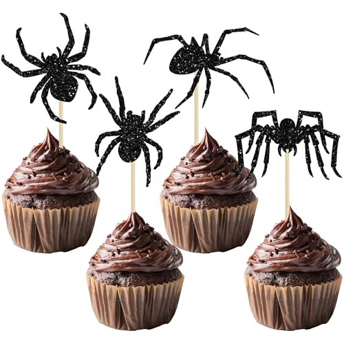 Gyufise 24 piezas de decoración para cupcakes de araña de Halloween con purpurina negra, decoración de cupcakes de Halloween para temática de Halloween, baby shower, suministros de fiesta de