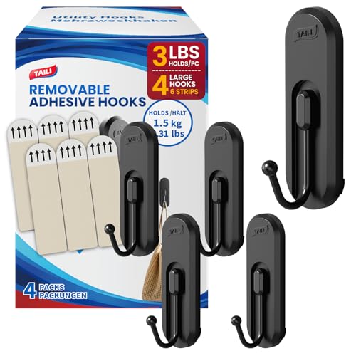 Image of TAILI Adhesive Large Hooks for Hanging, 4 Coat Hooks & 6 Strips, Black | Hold Up to 3.3 LBS, Heavy Duty No-Drill Removable Large Wall Hanger for Towel, Backpack, Hat, Door,Kitchen Home Decor,