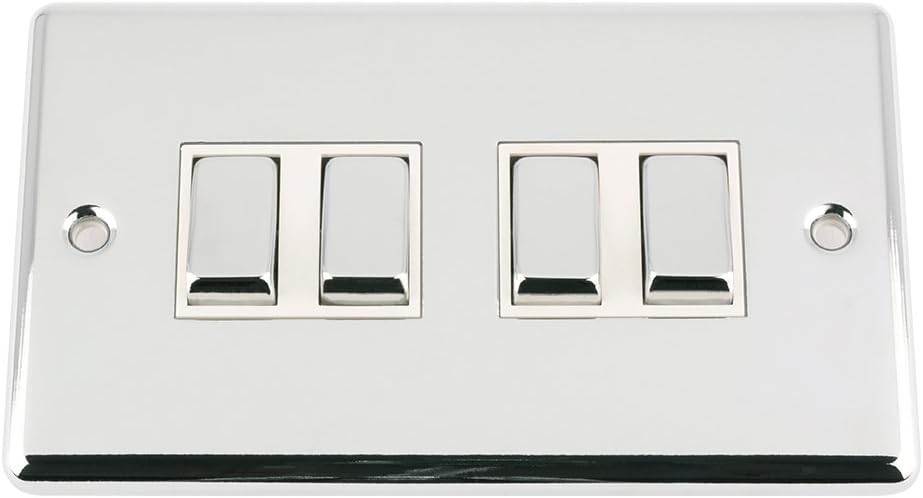 SWI4GCCWC 10 A 4 Gang 2 Way Classic Chrome Polished Quad Light Metal Rocker Switch with White Insert