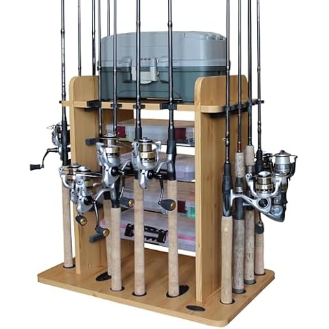 Rush Creek Creations 14 Fishing Rod Rack with 4 Utility Box Storage Capacity - Fishing Pole, Tackle Box, and Equipment Holder, Wood Grain Laminate (38-2002) Cover