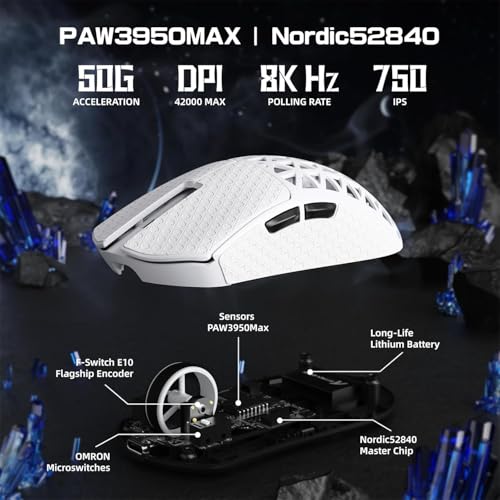 Image of ATTACK SHARK R5 Ultra Wireless Gaming Mouse,Carbon Fiber Shell 39g Superlight,PAW3950MAX Optical Sensor Nordic 52840 MCU 8K Polling 42K DPI,Tri-Mode Programmable Mice with Coiled Cable-White&Griptape