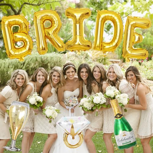 Image of 40inch Bride Balloons Gold Letters Banner, Bachelorette Party Decorations Set with Diamond Ring Champagne Bottle Balloon Glass Foil Balloon for Gold Bachelorette Engagement Wedding Bridal Shower Decor