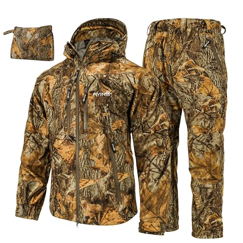 AYIN Waterproof Camo Hunting Rain Suit Silent Breathable Jacket & Pants All-Weather Men's Outdoor Gear, Autumn, Large
