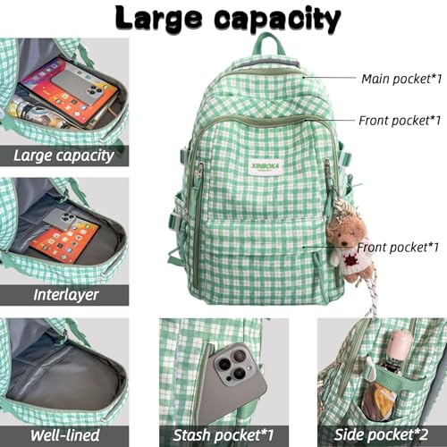 Teclado Kawaii Backpack with Cute Accessories Plaid Nylon Casual Bookbags with Pendants Laptop Bag Travel Daypacks (Pink)4