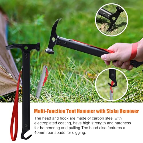 Image of Eurmax USA Hiking Camping Tent Stakes and Hammer Set Lightweight Multi-Function Tent Hammer with Tent Stake Remover,Tent Pegs for Camping, Hiking, Backpacking, Gardening(Silver Stakes)