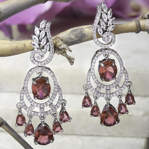 Image of ZENEME Rhodium-Plated American Diamond Studded Oval & Leaf Shaped Drop Earrings For Girls and Women