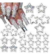 YAEISM 24PCS Star Nail Charms 3D Alloy Silver Star Nail Gems 5 Styles Shiny Crystal Pentagram Nai...