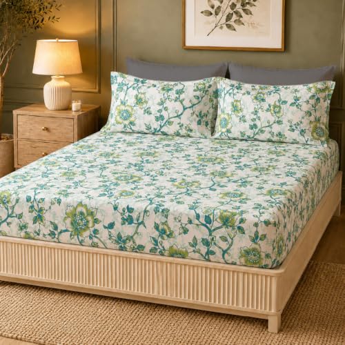 Image of LANE LINEN Symphony | 100% Cotton Sheet Set | Soft & Breathable Fabric | 3 Piece (1 Bedsheet + 2 Pillow Covers) | King Bed Sheet Set - Mint and Aqua Flower