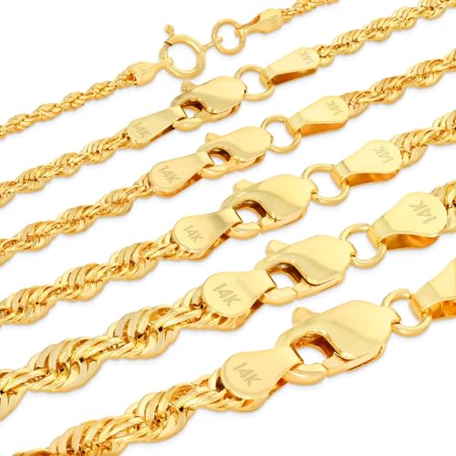 Nuragold 14K Real Yellow Gold Rope Diamond Cut Chain Lightweight Necklace 16'-30' (1.5mm-4mm) Italian Jewelry for Men & Women - 22',3mm