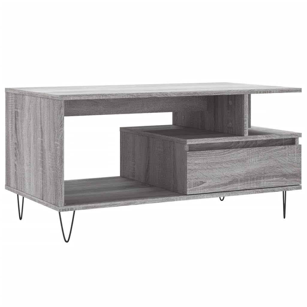 Table basse gris Sonoma 90x49 cm avec tiroir et pieds en métal pour salon