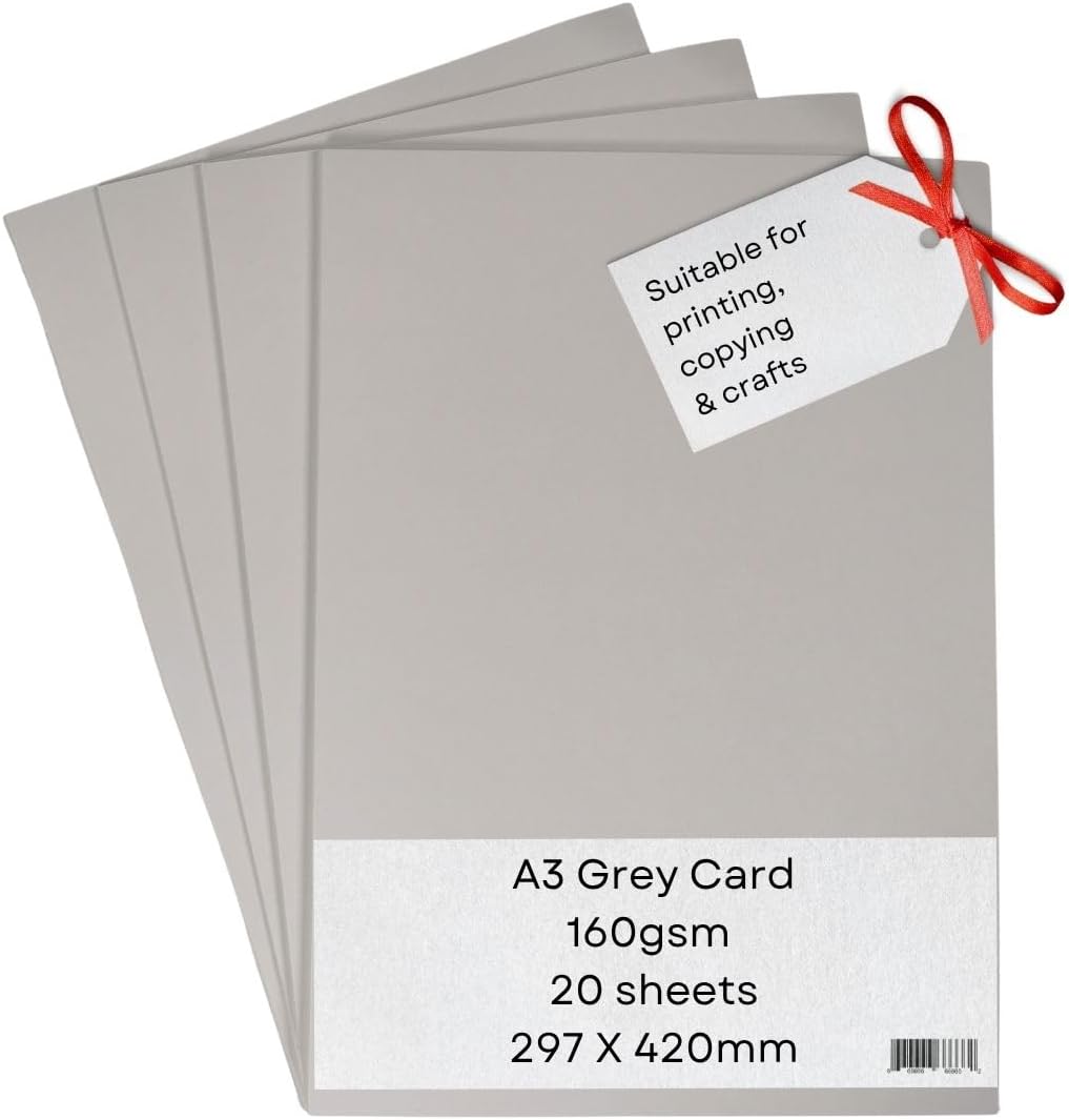 A3 Printer - 180gsm, 20 Sheets - Matte, Grey, Coloured Craft Card - Suitable for Craft, Printing, Copying, Photocopiers
