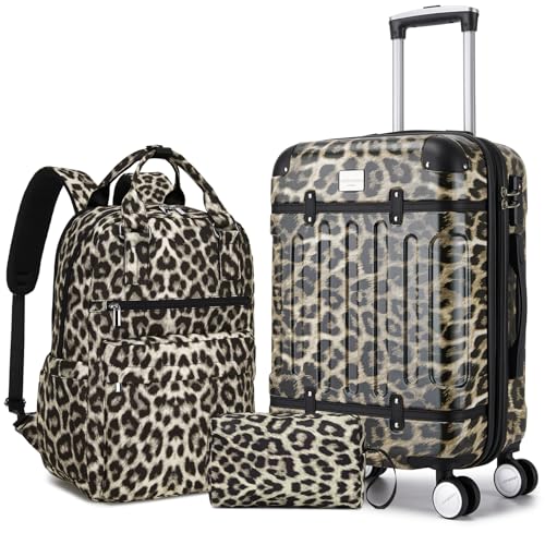 LARVENDER Luggage Sets 3 Piece Expandable Carry on Luggage 22x14x9 Airline Approved Hardshell Suitcase with Wheels TSA Lock Lightweight Suitcase Set for Women with Travel Backpack Cheetah