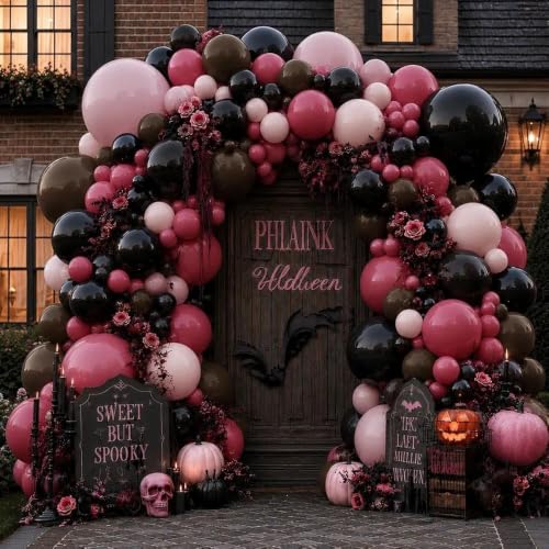 Image of Pink Black Balloon Arch Double Stuffed Dusty Rose Pink Brown Balloons