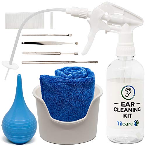 Ear Wax Removal Tool by Tilcare - Ear Irrigation Flushing System for Adults & Kids - Perfect Ear Cleaning Kit - Includes Basin, Syringe, Curette Kit (Spoon and Spiral), Towel and 25 Disposable Tips
