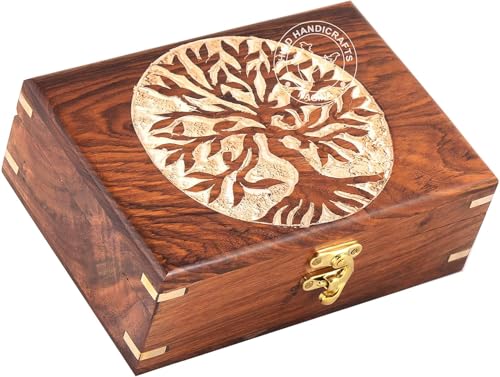 Image of Rosewood Handmade Wooden Urn Tree of Life Engraving Handcarved Jewellery Box for Women-Men Jewel | Home Decor Accents | Decorative Boxes | Storage & Organiser (7 inch x 5.5 inch x 3.5 inch, Tree - 2 White)