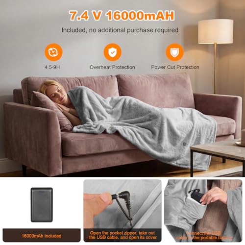 160x90cm Heizdecke Kabellos mit 16000mAh Akku, Waschbar Flanell Heizdecke zum Anziehen mit 6 Heizzonen und 3 Temperaturstufen, USB Elektrische Wärmedecke für Sofa, Büro, Reisen, Camping (Grau)