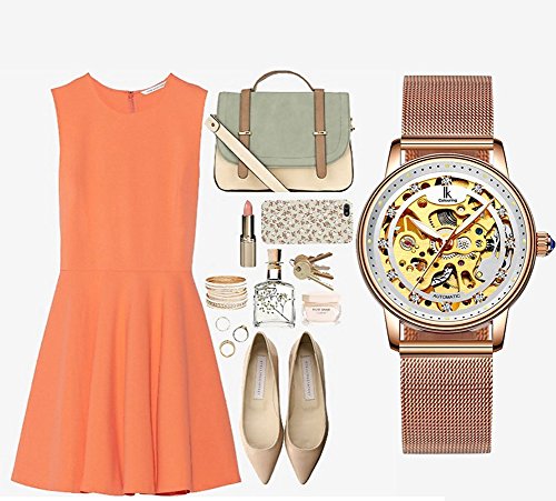 Image of Gosasa Luxury Women Automatic Mechanical Watch Gold Stainless Steel Mesh Watch Band Dress Wrist Watch