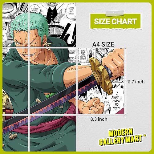 Image of MODERN GALLERY MART Pack of 20 One Piece Roronoa Zoro Manga Poster | A4 Size Anime Wall Art (8.3 x 11.7 inch) | Manga Posters with Glue Dots | Anime Poster for Bedroom, Living Room, Office