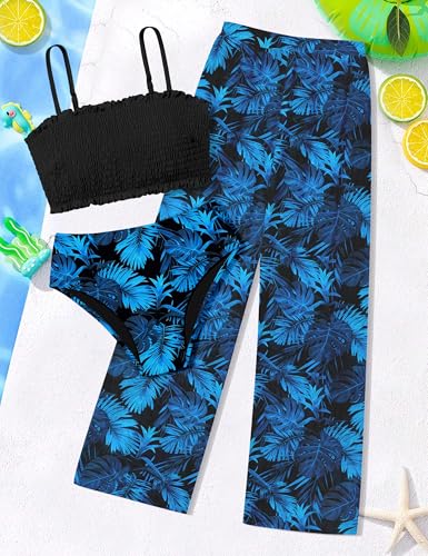 Image of NECIOUS Girls Swimsuit, 3 Piece Bikini Bathing Suit Tropical Floral Swimwear with Cover Up Pants 7-16Y