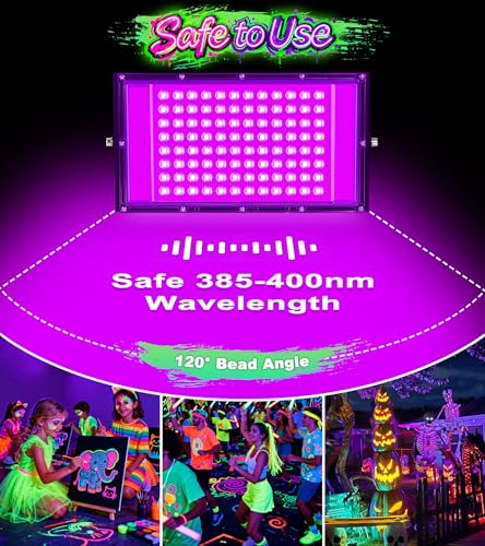 Image of TigQiang 100W 4 Pack LED Black Light, Blacklight Flood Light IP66 Waterproof Outdoor with Plug Switch Cord for Halloween, Neon Glow in The Dark Party, Body Paint, Fluorescent Poster, Classroom Party