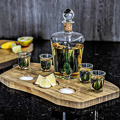 MikaMax, Tequila Decanter Set, Tequila Set, Tequila Giftset, Including 4 Tequila Glasses, Bamboo Plateau, Shot Glasses - Image 2