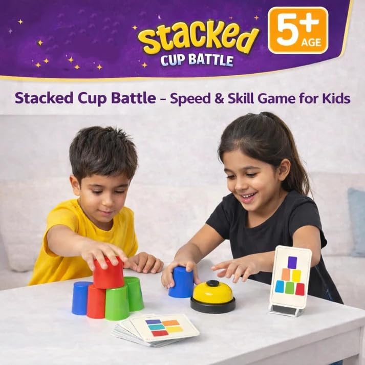 Image of Awestuffs Stacking Cups Game for Kids - 12 Stacking Cups + 50 Pattern Cards + Bell | Fun Family Party Game | Montessori Brain Boosting Puzzle STEM Toy (Stacking Cups Game)