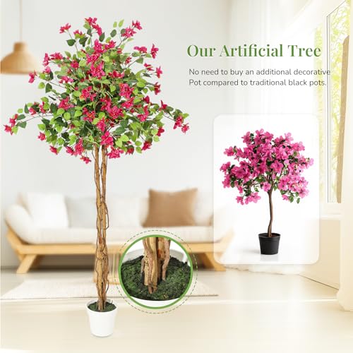 GarveeHome 5FT Artificial Bougainvillea Tree, Tall Potted Artificial Plants Indoor, Faux Tree with Wood Trunk and Pink Flowers for Outdoor