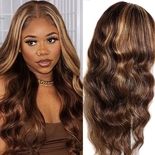 Body Wave Highlight Wig Human Hair Ombre Colored 13×4 Lace Front Human Hair Wig Pre Plucked with Baby Hair 4/27 Brown with Blonde Glueless Lace Wigs for Black Women Virgin Remy Hair (18 Inch)