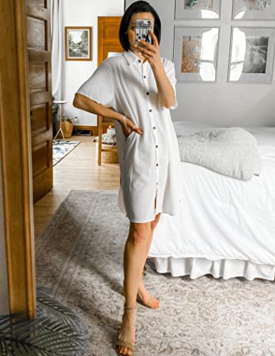 Ekouaer Women's Sleepshirt Waffle Nightgowns Button Up Sleepwear Plus Size Lounge Dress White #TOP4