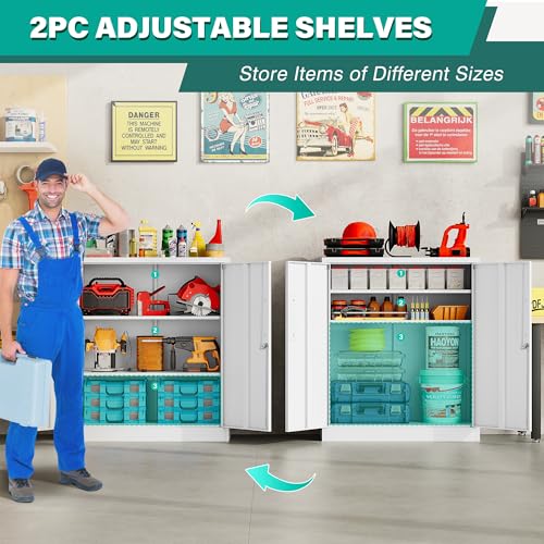 Image of SISESOL White Metal Storage Cabinet with Doors and Shelves,36 inch Small Metal Cabinet with Lock,Short Garage Storage Cabinets,Locking Steel Cupboard for Home,Office,Kitchen,Garages