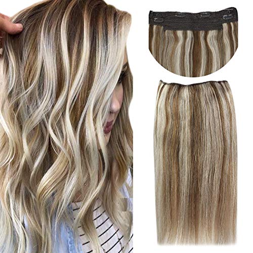 Sunny 12inch Piano Color Medium Brown with Blonde Hair Halo Extensions Real Hair 80g No Glue One Piece Wire Human Hair Extensions