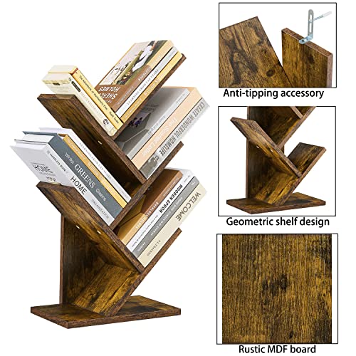 Hoctieon 4 Tier Tree Bookshelf, 4 Shelf Bookcase, Modern Book Storage, Free Standing Tree Bookcase, Utility Organizer Shelves For Home Office, Living Room, Bedroom, Rustic Brown #TOP4