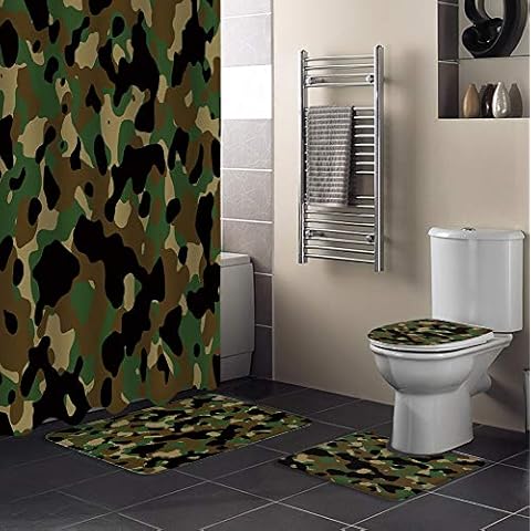 BABE MAPS 4 Pcs Camo Shower Curtain Set with Non-Slip Rug, Toilet Lid Cover, Bath Mat and 12 Hooks, Waterproof Shower Curtain Set for Bathroom - Forests Military Army Camouflage Pattern Uniform Style Cover