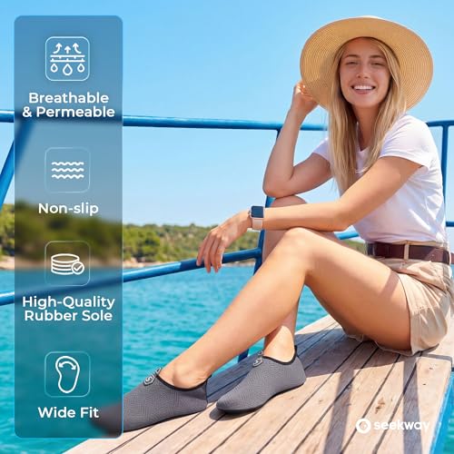 Image of SEEKWAY Water Shoes Quick-Dry Aqua Socks Barefoot Slip-on for Beach Pool Swim River Yoga Lake Surf Women Men Black SK001