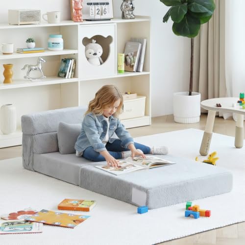 Image of Tiita Convertible Folding Kids Sofa Bed with Pillow & Storage Bag, Plush Fabric Floor Mattress Couch Bed, Washable Cover, Kids Room, Playroom, Dorm, Apartment, White Grey
