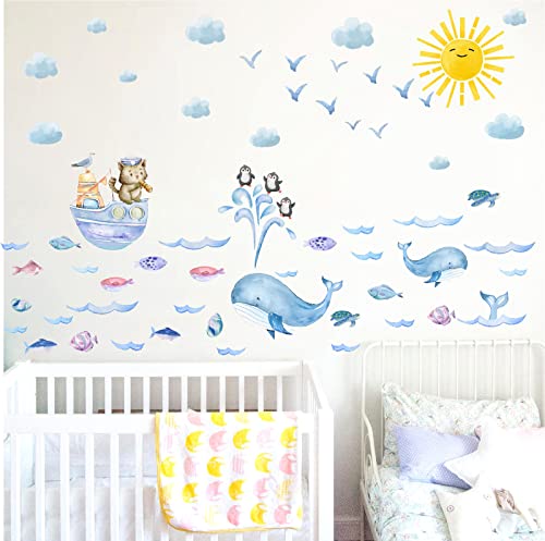 Watercolor Sun Wall Decals Sun Cloud Wall Stickers Ocean Wave Wall Decals Fabric Turtle Whale Sea Fish Wall Stickers Ocean Animal Wall Stickers For Nursery Kids Room Decor #TOP2