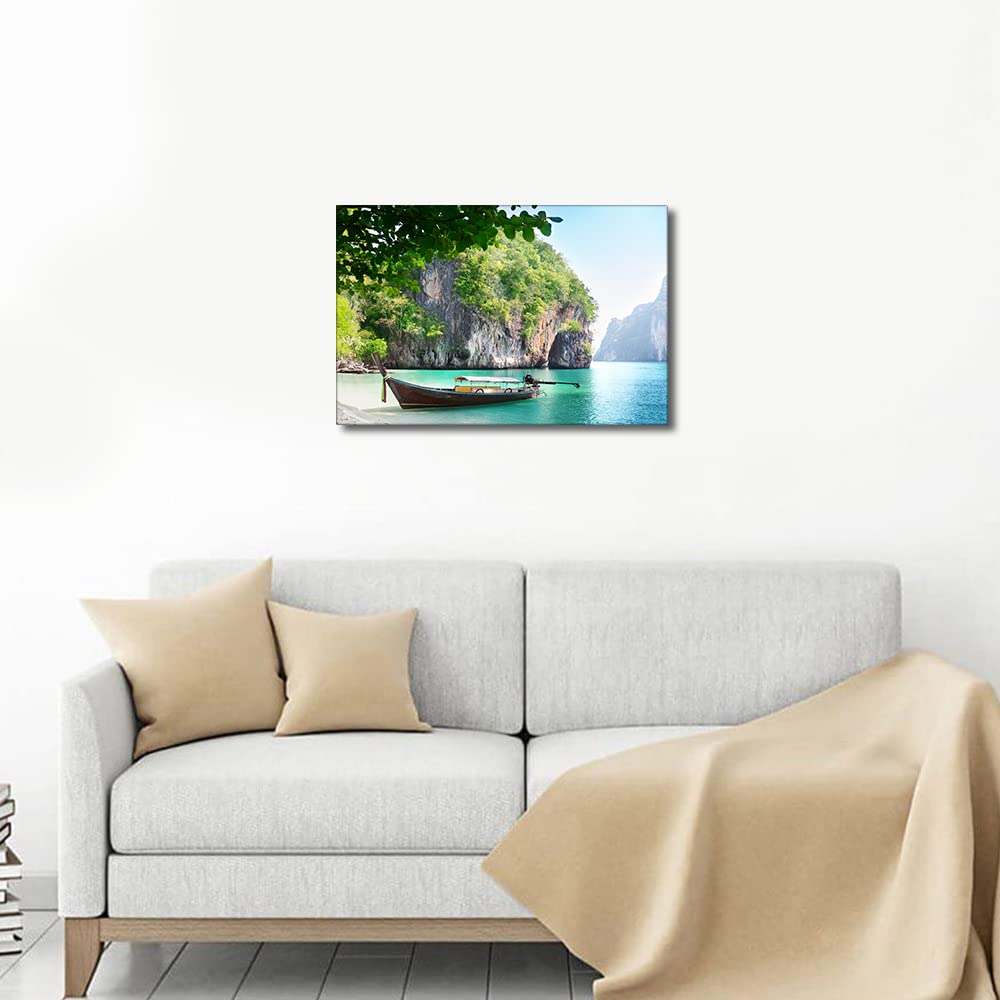 Canvas Wall Art for Interior Bathroom Wall Décor Long Boat on Island in Thailand Scenery for Living Room Bedroom Dining Room Decorations Framed Ready to Hang 16x24inch - Image 3
