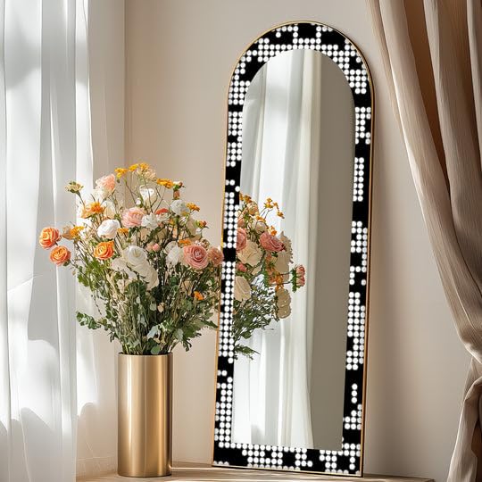 Specchio da pavimento a forma di punto monocromatico, lunghezza totale 50,8 cm x 160 cm (larghezza x altezza), specchio da pavimento con cornice nera e cornice dorata