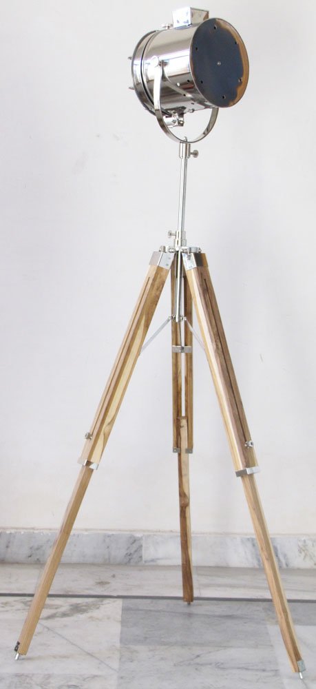 Nautical Chrome Spot Light Searchlight Studio Floor Lamp Teak Wood Tripod Stand